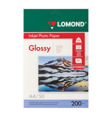Фотобумага глянцевая, А4, 200 г/м2, односторонняя, 50 листов, LOMOND, 0102020