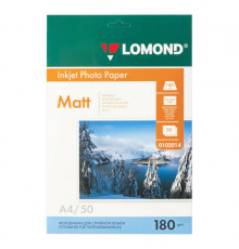 Фотобумага матовая, А4, 180 г/м2, односторонняя, 50 листов, LOMOND, 0102014