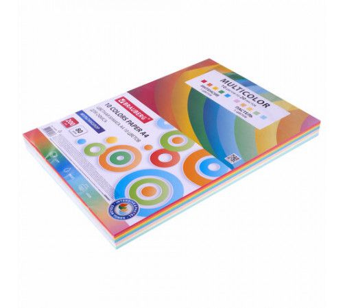 Бумага цветная 10 цветов BRAUBERG MULTICOLOR, А4, 80 г/м2, 200 л. (10 цветов x 20 листов), 114209