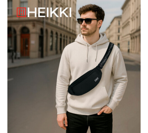 Сумка на пояс HEIKKI RIO (ХЕЙКИ), два отделения, регулируемый ремень, черная с белым, 38х12х8 см, 272617