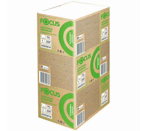 Полотенца бумажные 250 шт. FOCUS (Система H2) Eco, 1-слойные, белые, КОМПЛЕКТ 12 пачек, 24х21,5, Z-сложение, 5083814/5069958