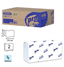Полотенца бумажные 190 шт., PROtissue (H2) PREMIUM, 2-слойные, белые, КОМПЛЕКТ 21 пачка, 24х21,5 см, Z-сложение, С443