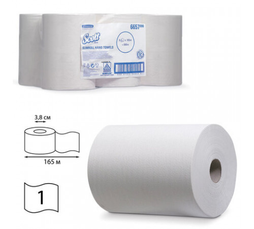 Полотенца бумажные рулонные KIMBERLY-CLARK Scott, КОМПЛЕКТ 6 шт., Slimroll, 165 м, белые, артикул 6657