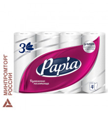 Полотенца бумажные бытовые, спайка 4 шт., 3-слойные (4х11,2 м), PAPIA, 23x13 см, белые, 5081506
