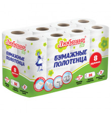 Полотенца бумажные 2-слойные, спайка 8 рулонов (8х13 м), ЛЮБАША ECO, 114743