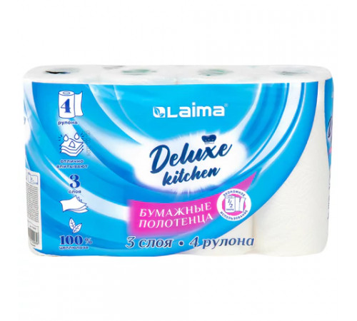 Полотенца бумажные 3-слойные, 4 рулона по 11 м (отрыв 1/2 листа), LAIMA Deluxe, 100% целлюлоза, 115400