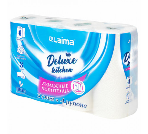 Полотенца бумажные 3-слойные, 4 рулона по 11 м (отрыв 1/2 листа), LAIMA Deluxe, 100% целлюлоза, 115400