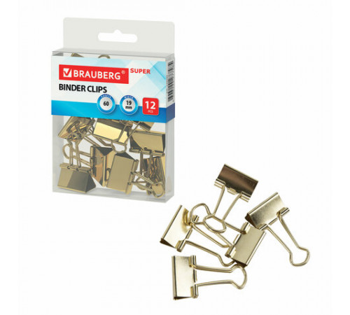 Зажимы для бумаг BRAUBERG EXTRA, КОМПЛЕКТ 12 шт., 19 мм, на 60 л., золотистые, европодвес, 229586