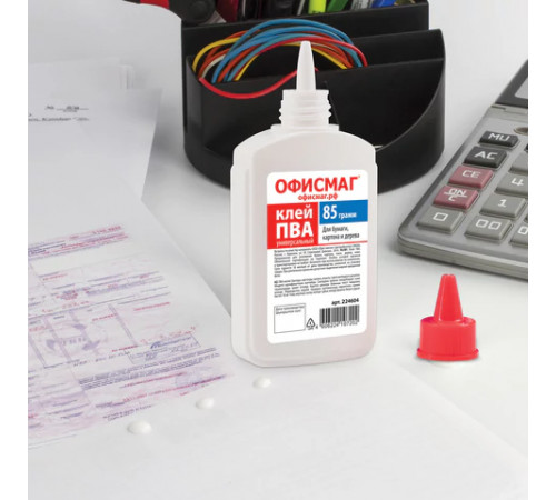 Клей ПВА ОФИСМАГ (бумага, картон, дерево), 85 г, РОССИЯ, 224604