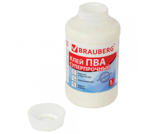 Клей ПВА BRAUBERG, 1 кг, суперпрочный (керамика, ткань, кожа, дерево, бумага, картон), 600984
