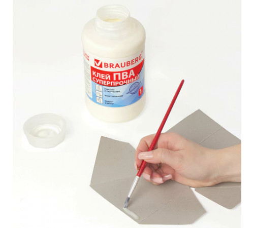 Клей ПВА BRAUBERG, 1 кг, суперпрочный (керамика, ткань, кожа, дерево, бумага, картон), 600984