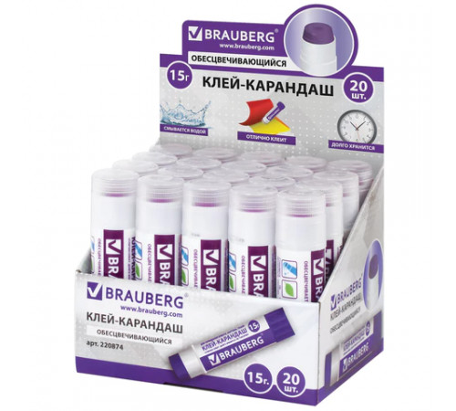Клей-карандаш BRAUBERG, 15 г, обесцвечивающийся после высыхания, 220874