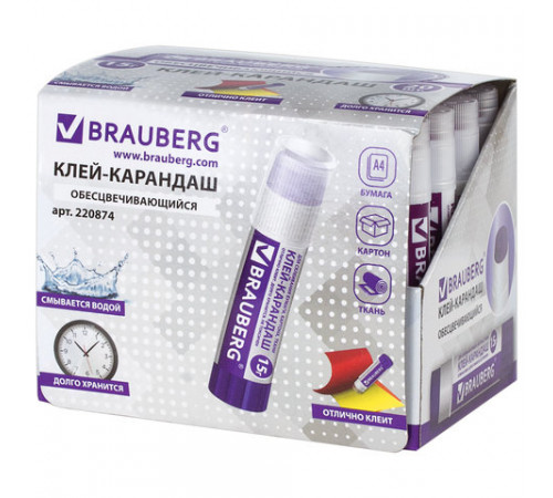 Клей-карандаш BRAUBERG, 15 г, обесцвечивающийся после высыхания, 220874
