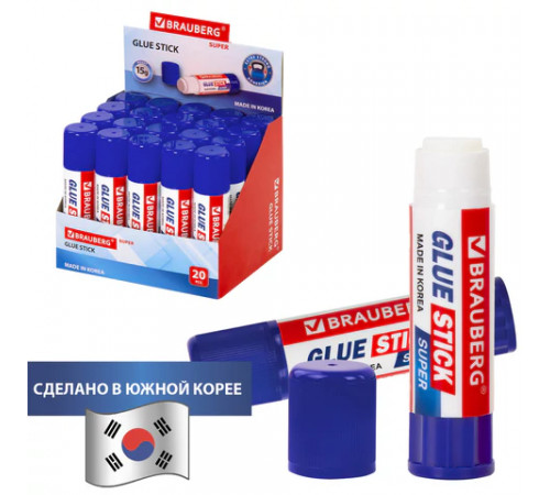 Клей-карандаш BRAUBERG SUPER, 15 г, ЮЖНАЯ КОРЕЯ, 229541