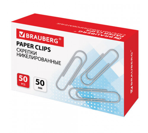 Скрепки большие 50 мм, BRAUBERG, никелированные, 50 шт., в картонной коробке, РОССИЯ, 221525