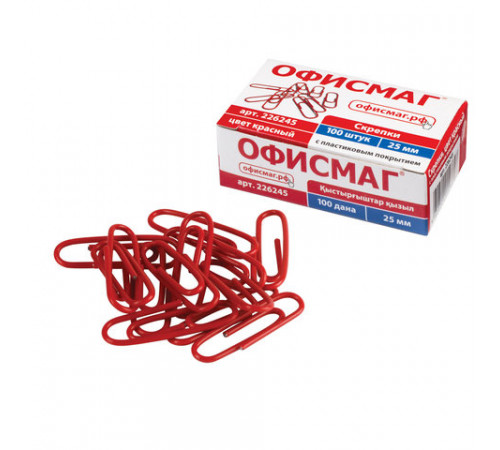 Скрепки ОФИСМАГ, 25 мм, красные, 100 шт., в картонной коробке, 226245