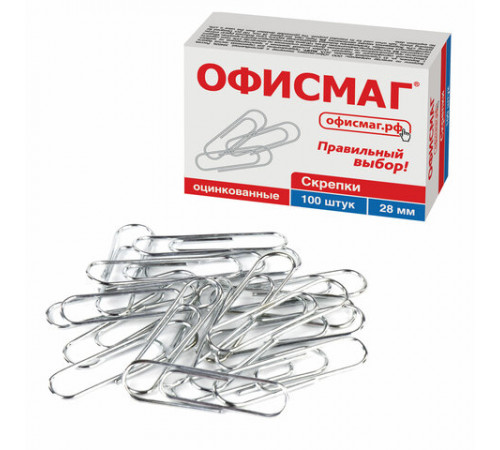 Скрепки ОФИСМАГ, 28 мм, оцинкованные, 100 шт., в картонной коробке, 227582
