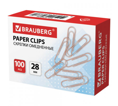 Скрепки BRAUBERG, 28 мм, омедненные, 100 шт., в картонной коробке, 270448