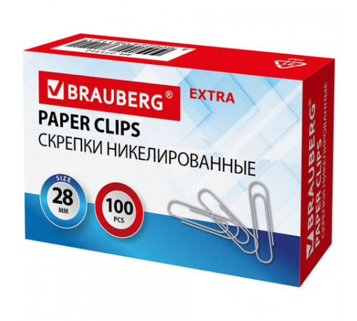 Скрепки EXTRA BRAUBERG 28 мм никелированные 100 штук, 271312