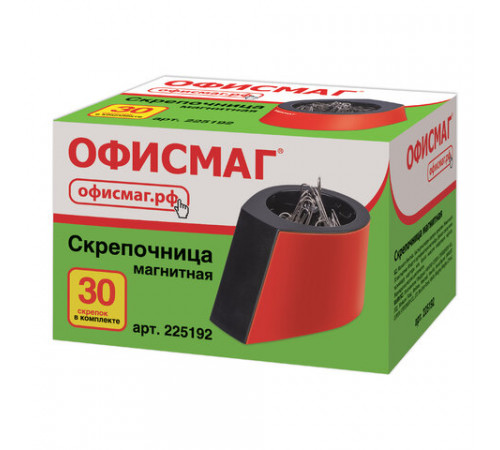 Скрепочница магнитная ОФИСМАГ с 30 скрепками, стильный корпус, красно-черная, 225192