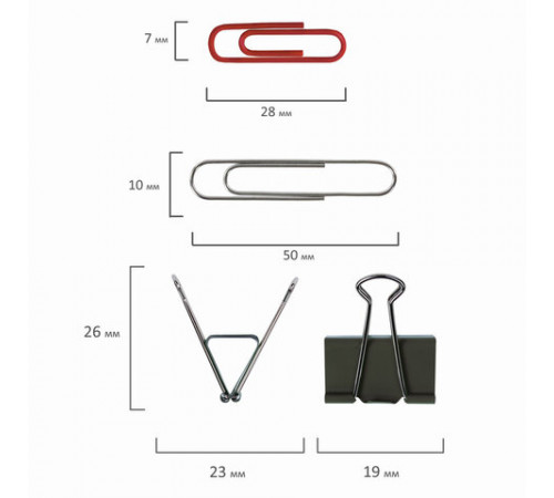 Набор BRAUBERG, зажимы 19 мм/15 шт., скрепки 28 мм/145 шт. и 50 мм/50 шт., резинки 40 шт., 223515