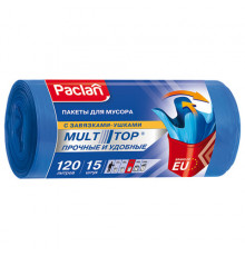Мешки для мусора 120 л с ушками, синие, в рулоне 15 шт., ПВД, 24 мкм, 70х110 см, PACLAN 